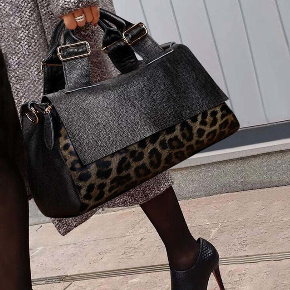 Fashion Genuine Leather Big Tote Handbags Leopard Pattern Soft Ladies Shoulder Bags