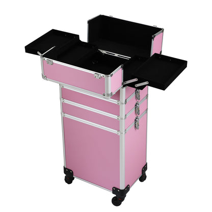 4-in-1 Makeup Travel Case with 360° Rolling Wheels, Locks, Keys and Adjustable Dividers, Pink XH