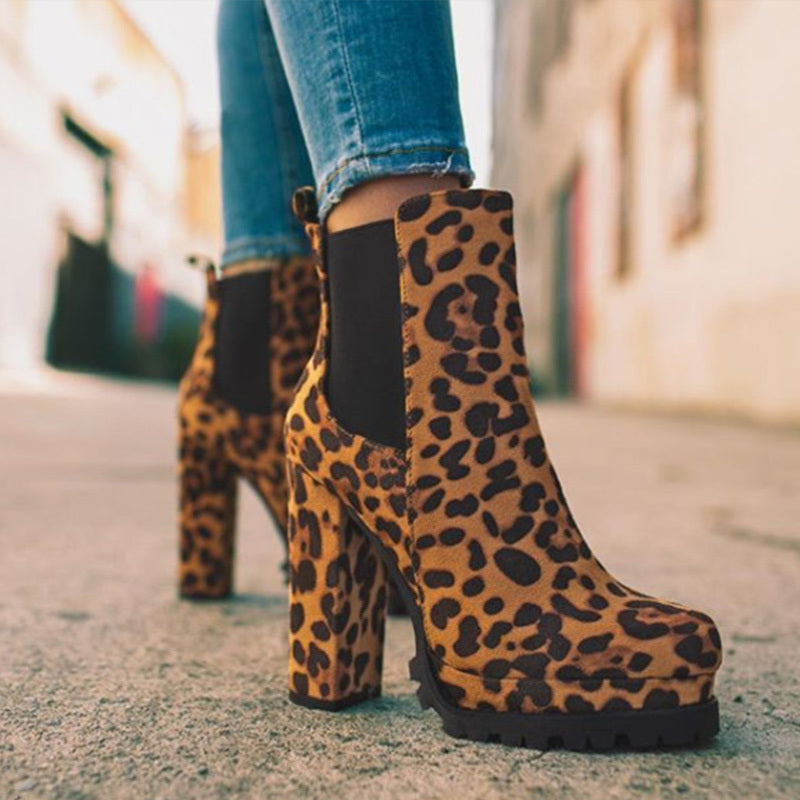 Women Ankle Boots Flock Leopard Slip On Short Boots Women's High Heels Platform Autumn Shoes Ladies Booties Retro Plus 43