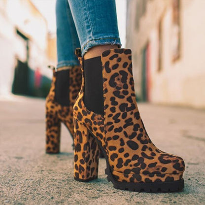 Women Ankle Boots Flock Leopard Slip On Short Boots Women's High Heels Platform Autumn Shoes Ladies Booties Retro Plus 43