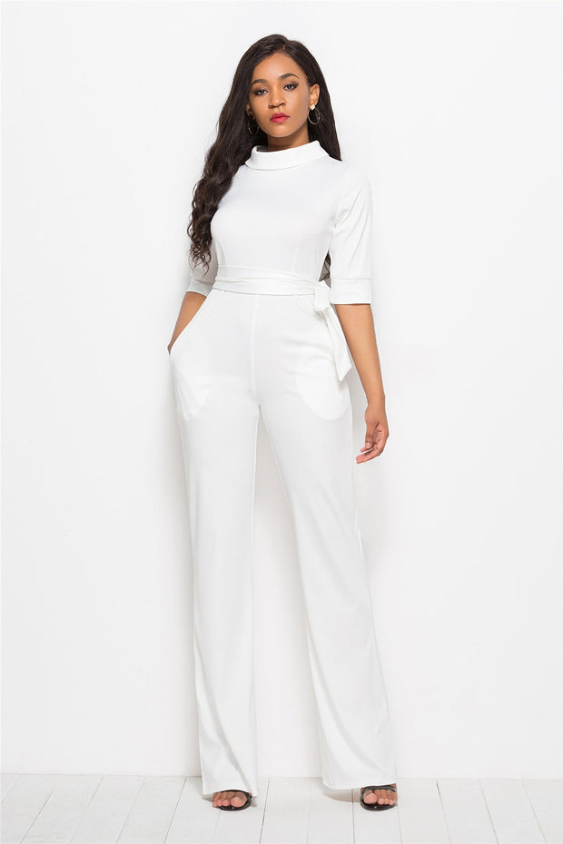 Mid Sleeve Collared Neck Belted Jumpsuit
