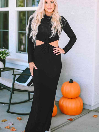 Cutout Round Neck Long Sleeve Slit Maxi Dress